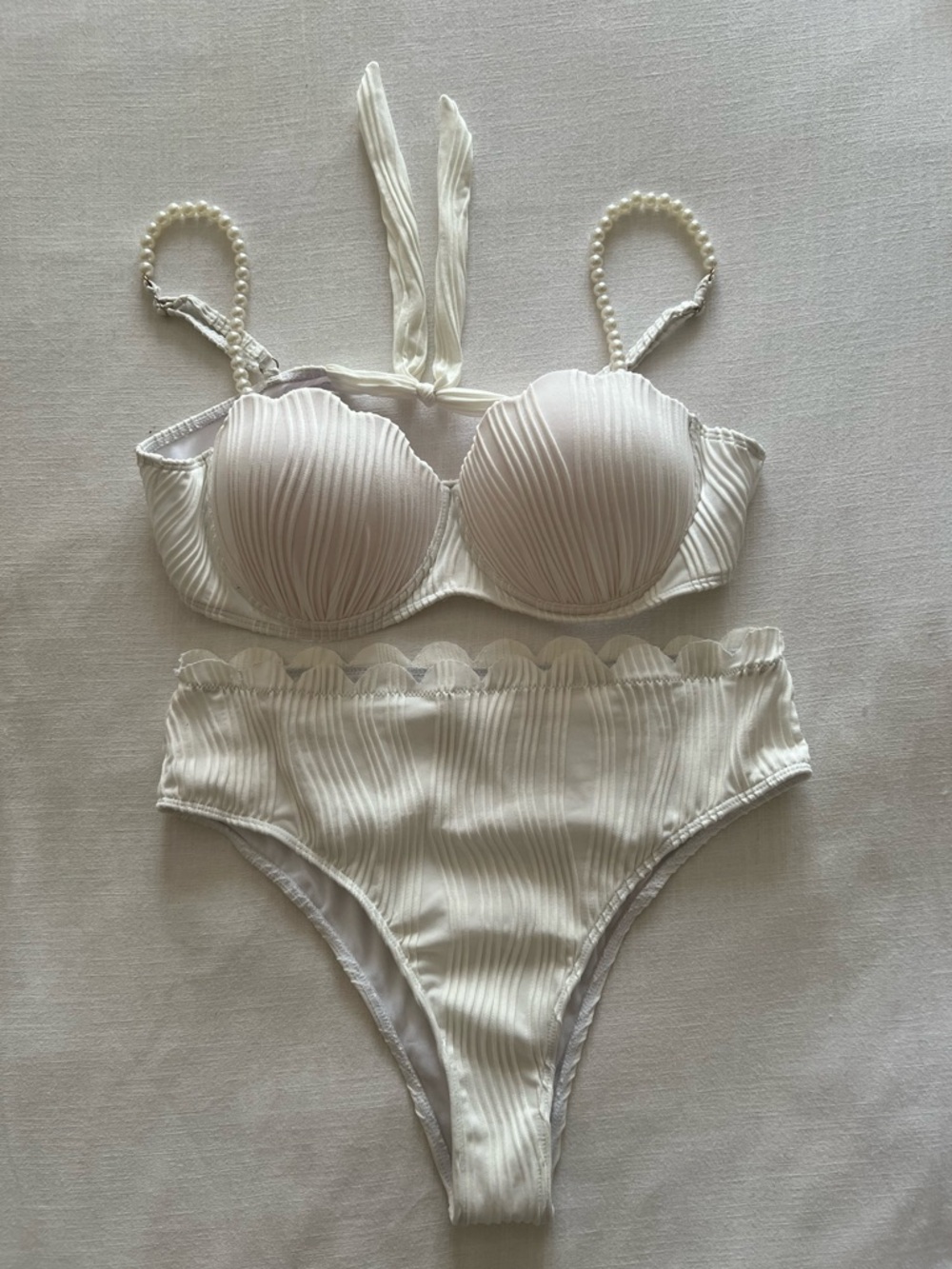 NWOT White Ribbed Pearl Strap Bikini Set